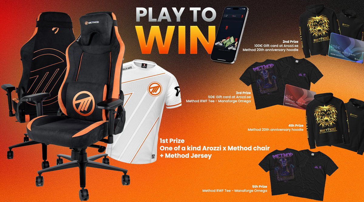 Method's tweet image. Play Arozzi&apos;s browser game for a chance to win awesome prizes, including 1x one of a kind Arozzi x Method Chair, Gift Cards, and Merch 🤯

1. Head to: game.arozzi.se/method
2. Confirm storage of email and nickname
3. Play until an object reaches the top for more than 2 seconds…