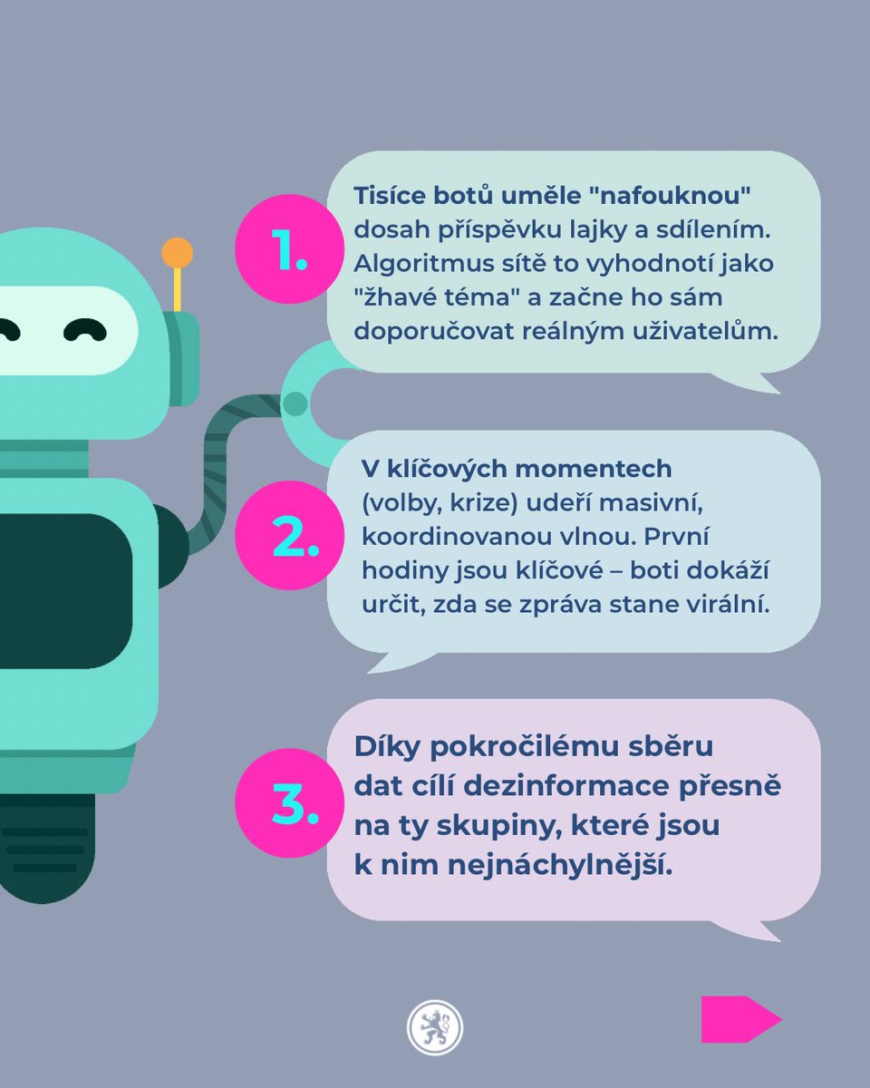 (1/2)
Nejen u nás, ale i jinde ve světě se v klíčových momentech či krizích často zmiňuje téma manipulací na sociálních sítích, často poháněných falešnými účty.

<a href="/biscz/">BIS</a> 
<a href="/NUKIB_CZ/">NÚKIB</a> 
<a href="/91skupina/">91. skupina informačního boje</a> 
<a href="/VeInKyS/">Velitelství informačních a kybernetických sil</a>