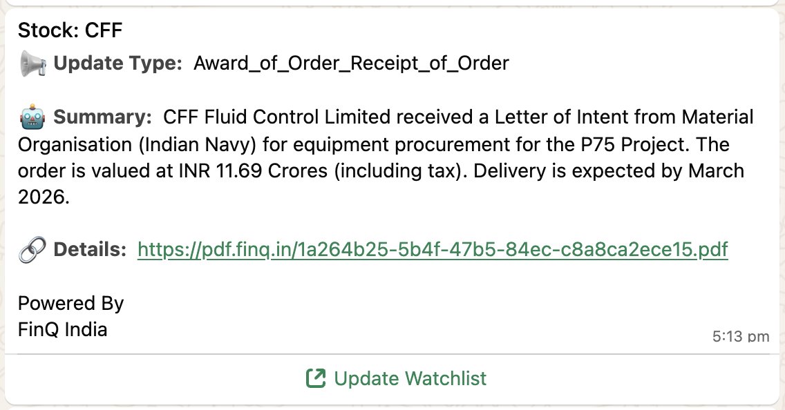 FinQ_India's tweet image. #CFFFluidControl 11.69 cr order

(src: WhatsApp alert from finq.in)