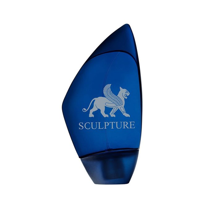 A blue, sleek perfume bottle with a pointed top. The bottle features a silver emblem of a winged lion and the word "SCULPTURE" in white text below it.