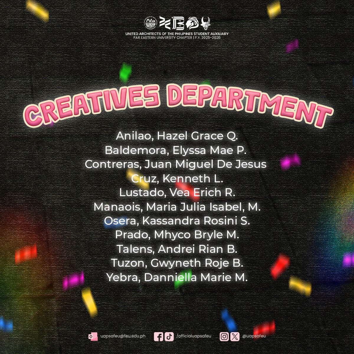 uapsafeu's tweet image. Congratulations and Welcome to the UAPSA-FEU Family! 🥳🎉

#UAPSAngKulay 
#RootedInVision 

Pubmat by: Marie Valdez
Caption by: Daniel Uy

(3/3)