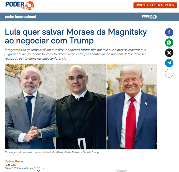 Three men in suits, Luiz Inácio Lula da Silva, Alexandre de Moraes, and Donald Trump, standing side by side. Luiz Inácio Lula da Silva and Alexandre de Moraes are shaking hands. A red button labeled "ASSINE O PODER MONITOR" is visible in the top right corner. Text overlays include "PODER" and social media icons for Facebook, Twitter, and WhatsApp.
