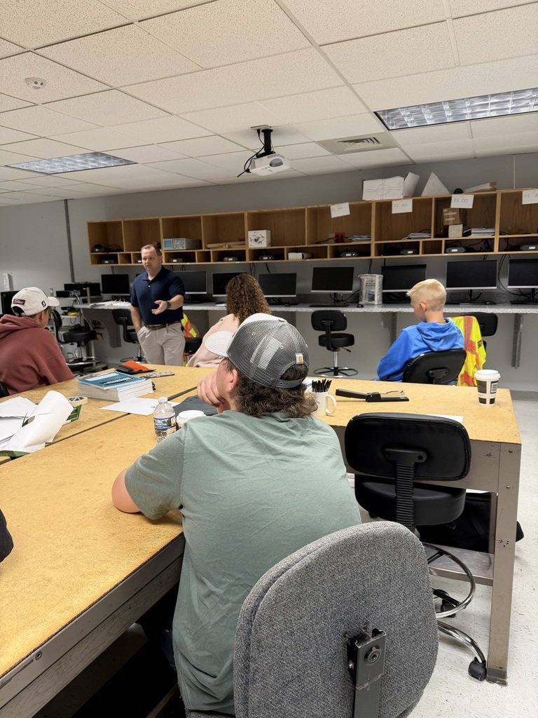Mr. Range speaking to 1st hour Engineering Essentials.  The class is working on a project preparing an emergency response plan for a natural disaster.  Mr. Range spoke on how this was done for emergency plans regarding schools such as fire, earthquake etc.