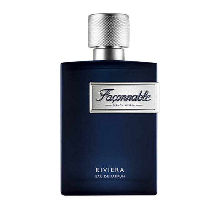 A dark blue rectangular perfume bottle with a metallic silver cap. The label on the bottle reads "Faconnable" in cursive script above "French Riviera" in smaller text. Below the label, the text "RIVIERA" and "EAU DE PARFUM" is visible in white.