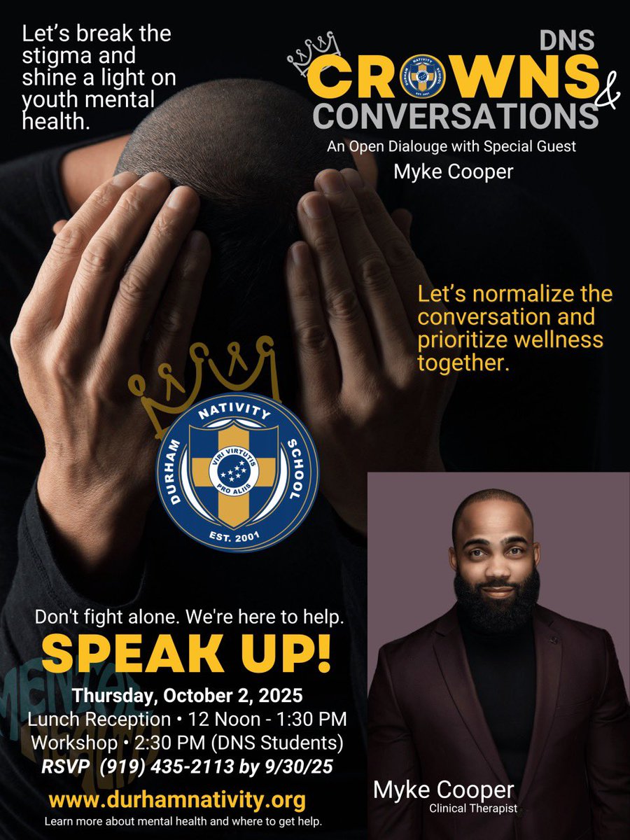 Let’s break the stigma and shine the light on youth mental health. Join the conversation Durham Nativity School on Thursday, Oct 2.
See attached flyer for more details.

Thomas Mentor Leadership Academy (TMLA) Tiffany Alrefae Micheal Shaw