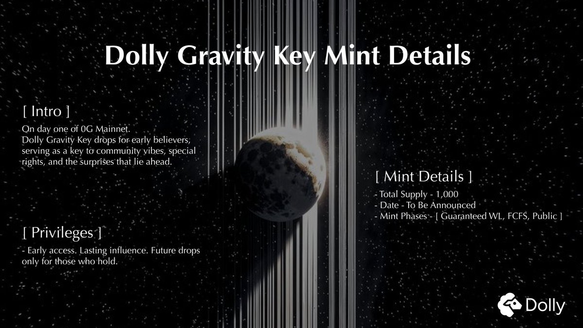 🎁抽三个 <a href="/0G_labs/">0G Labs (Home of Infinite AI)</a> 生态的 Dolly <a href="/AskDollyToday/">Dolly</a> 创世 NFT FCFS 白单

要求：关注 <a href="/AskDollyToday/">Dolly</a> 和 <a href="/Xuegaogx/">雪糕战神🍦</a> 并点赞转发评论

NFT 总量 1000 个
白单的 mint 价格有 50% 折扣

Dolly 的基本定位是 AI × 内容资产化的激励协议层

目前即将迁移到 <a href="/0G_labs/">0G Labs (Home of Infinite AI)</a> 主网，可以关注下～