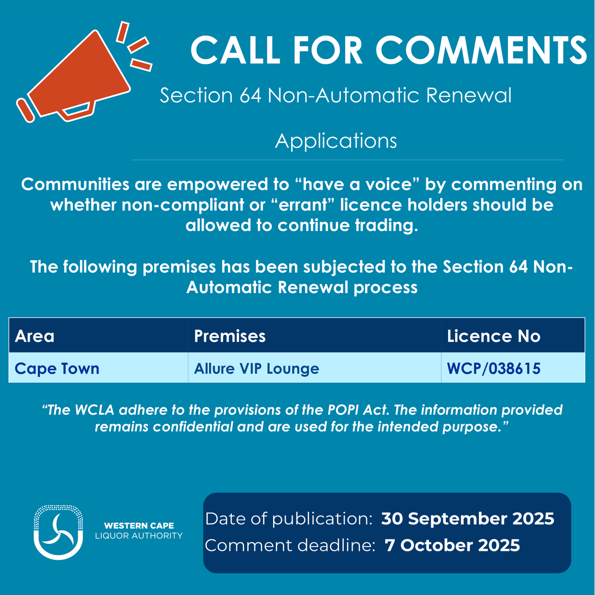 _WCLA's tweet photo. ALL FOR COMMENTS: Application for renewal of a liquor licence has been received.
Comment deadline for this application: 7 October 2025
Click here for more details about this process.
#PublicInterest#EffectiveRegulation#WesternCape#Section64 https://t.co/4mDqDGkcBi