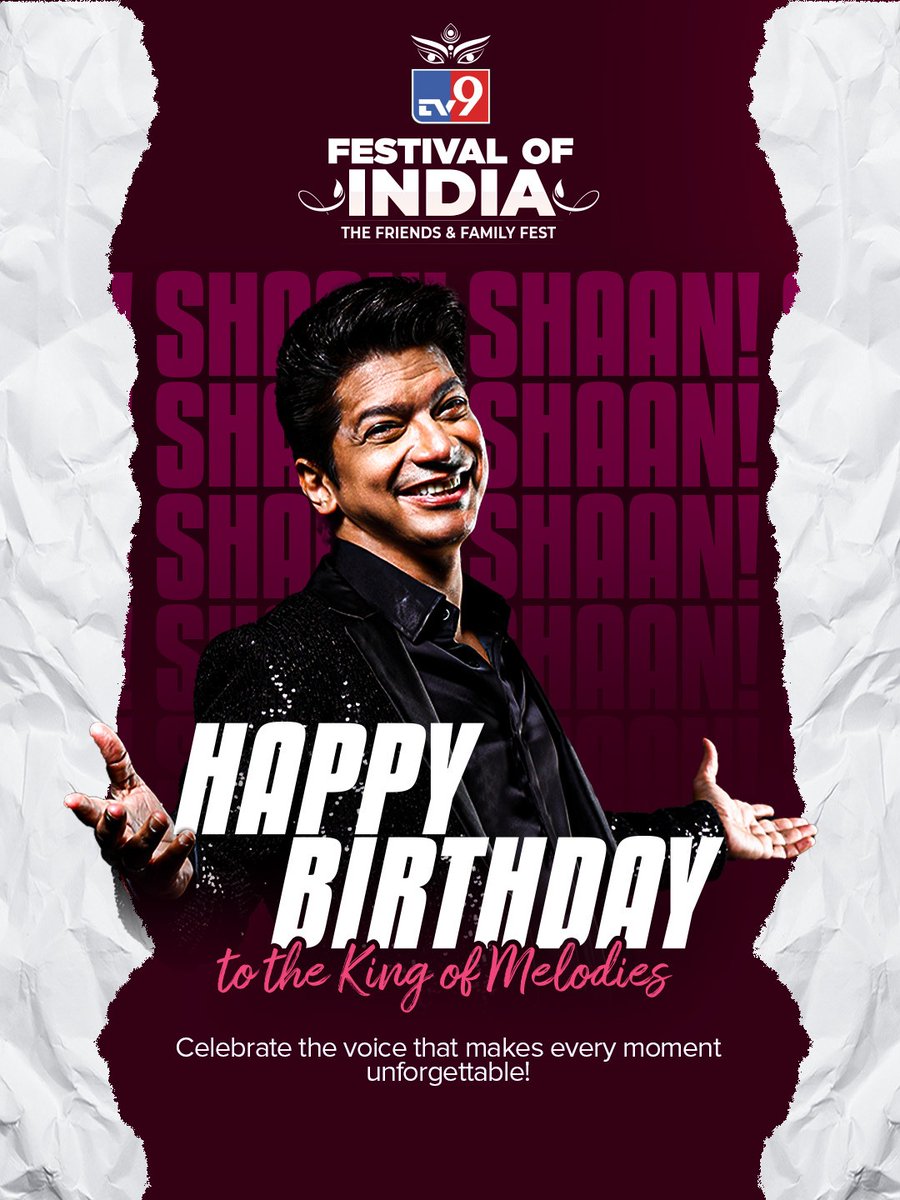 TV9Bharatvarsh's tweet image. Happy Birthday to the King of Melodies, Shaan!
Celebrate the magical voice that turns every moment into a memory.
Only 1 day to go — tickets are selling fast!
Book now on BookMyShow.

#Shaan #TV9FestivalofIndia2025 #FestivalOfIndia #TV9Festival #DurgaPuja2025 #CulturalCelebration