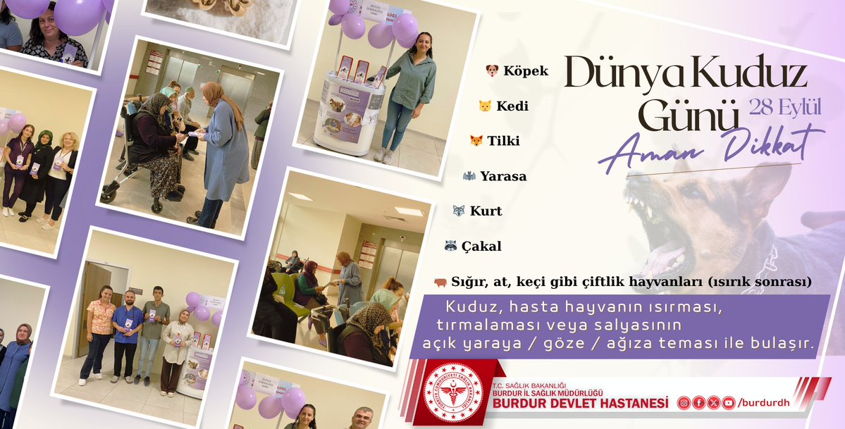 Kuduz Hastalığına Dikkat!
Kuduz, hasta hayvanın ısırması, tırmalaması veya salyasının açık yaraya / göze / ağıza teması ile bulaşır.  Köpek, Kedi, Tilki, Yarasa, Kurt, Çakal ve Sığır, at, keçi gibi çiftlik hayvanları(ısırık sonrası).
#Kuduz #SağlığınıKoru #ErkenMüdahale