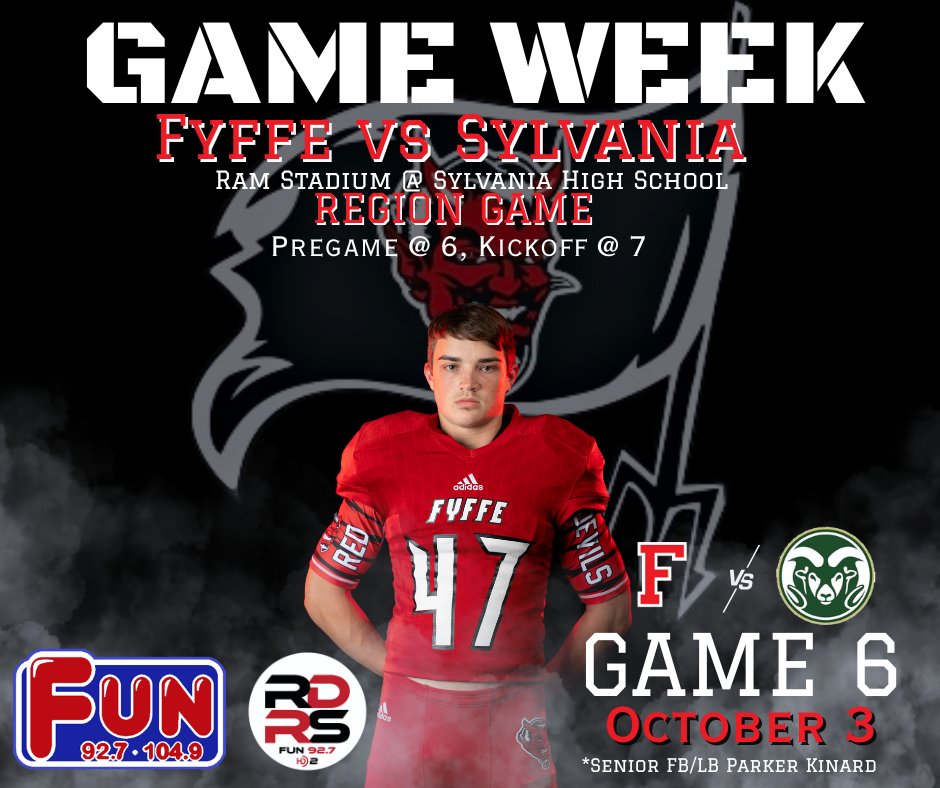 ⚫️🔴IT'S GAME WEEK!🔴⚫️

The Fyffe Red Devils resume action Friday night after a week off! The Red Devils will travel up Highway 75 to Sylvania to do battle with the Sylvania Rams in a Class 3A Region 8 showdown! 

Playoff standings are up for grabs in this game, and we'll have
