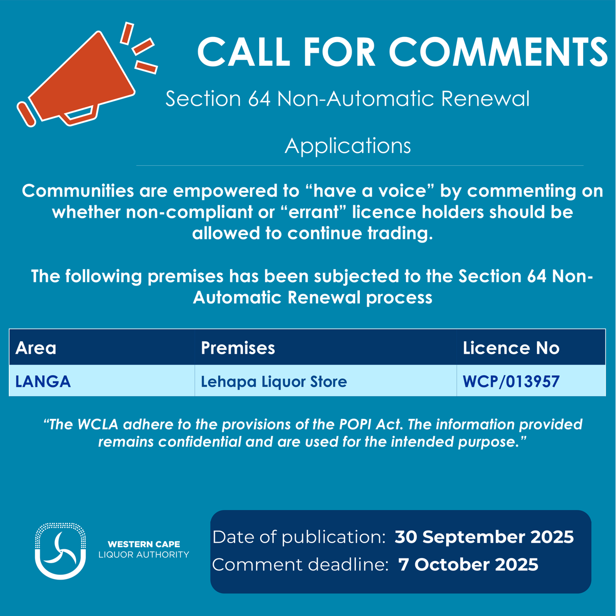 _WCLA's tweet photo. ALL FOR COMMENTS: Application for renewal of a liquor licence has been received.
Comment deadline for this application: 7 October 2025
Click here for more details about this process.
#PublicInterest#EffectiveRegulation#WesternCape#Section64 https://t.co/ye74reZxqi