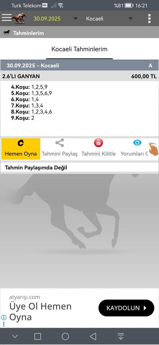 🏇KOCAELİ🏇
26LI GANYAN
BOL ŞANS DİLİYORUM ARKADAŞLAR