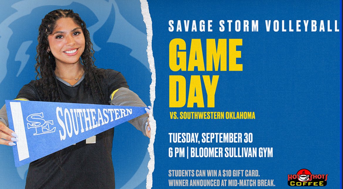 Storm strikes tonight. Savage Storm Volleyball battles Southwestern Oklahoma at 6 PM in Bloomer Sullivan. Students can snag a $10 gift card at the mid-match break. 

#StormOn #SESpirit #SEVibe #SELife #GoSoutheastern #TakeCover #okhigheredworks #StudentLife #MyDurant #Volleyball