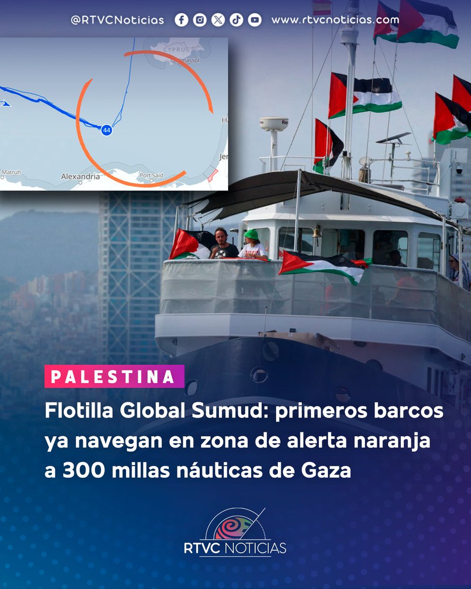 🚢🇵🇸 Primeros reportes informan que los barcos que encabezan la Flotilla Global Sumud han entrado oficialmente en zona naranja, a 300 millas náuticas de Gaza. 

🚢🇵🇸 Las embarcaciones siguen en su tránsito para llevar ayuda humanitaria al pueblo palestino asediado por el ejército