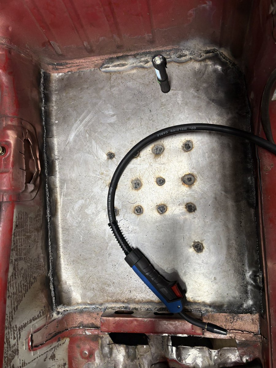 Fluxcore welding sheet metal isn’t glamorous but once you dial it in it’s not bad.

Welded some 18ga over the factory floor pan. Plug welded the middle along the stamped ridges.

I don’t have the skill to shape panels