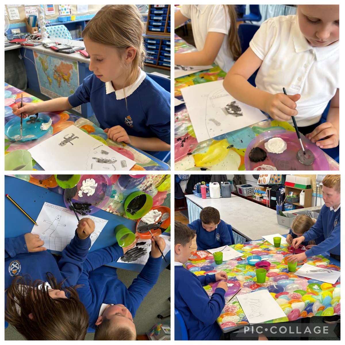 stpetersgala's tweet image. P4 are mixing paint to make different shades of grey to create a scrap yard of metal for the Iron Man to eat. #enjoylearning