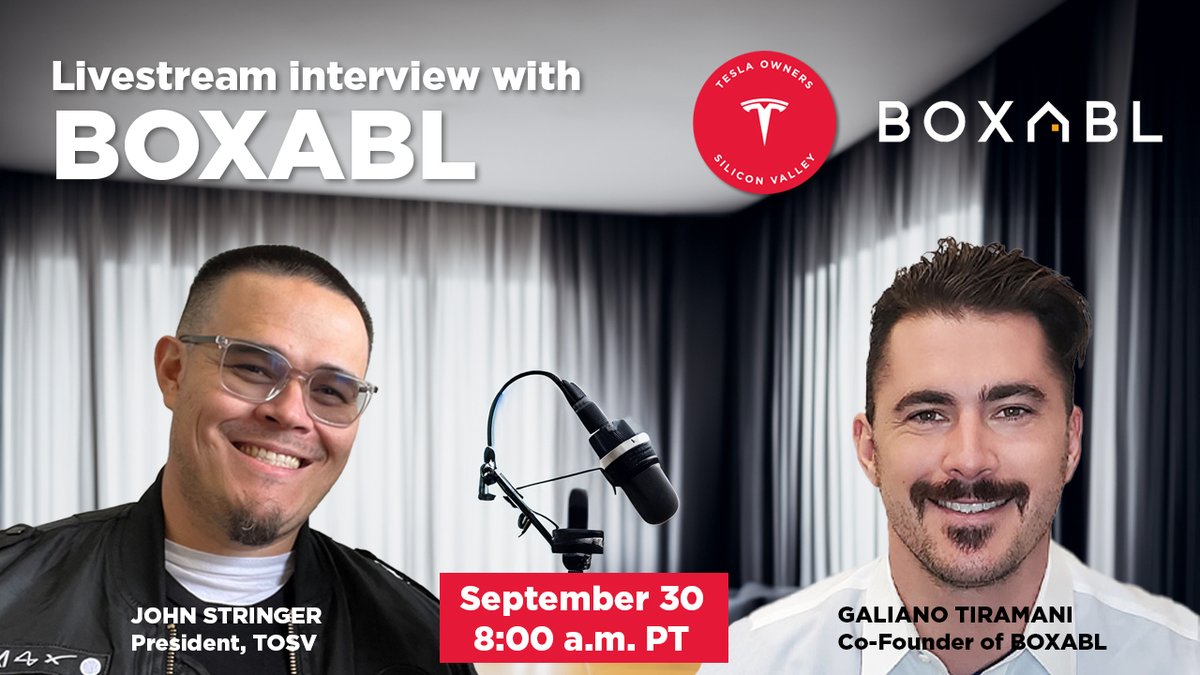teslaownersSV's tweet photo. 🎙️ Tune in TODAY for our live interview with @GalianoTiramani, Co-Founder of @BOXABL 

We'll be going live at 8am PT / 11am ET