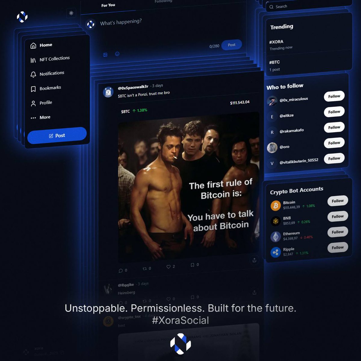 Xora Social 应用仪表盘，展示帖子、热门话题与加密整合