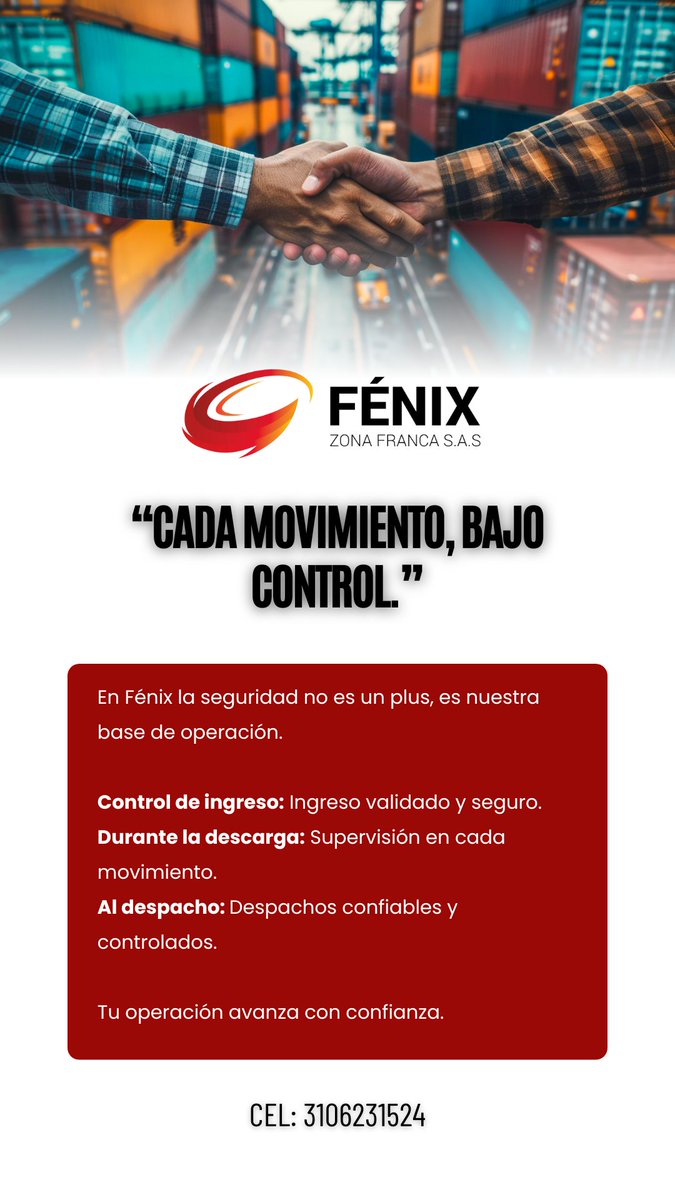 Fenix_ZF's tweet image. 🔐 En Fénix cada fase de tu operación está supervisada: ingreso, descarga y despacho bajo protocolos de seguridad.
Porque confianza se construye con control en cada detalle.
#OperaciónSegura #FénixZF #ConfianzaLogística #ZonaFranca