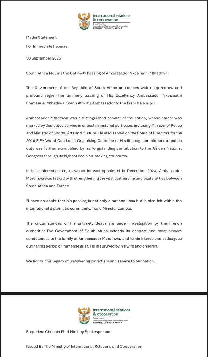 ewnreporter's tweet photo. The Department of International Relations and Cooperation has confirmed the death of the country’s ambassador to France, Nathi Mthethwa. 

“The circumstances of his untimely death are under investigation by the French authorities,” the statement reads. TCG https://t.co/rg1DS5Zzch