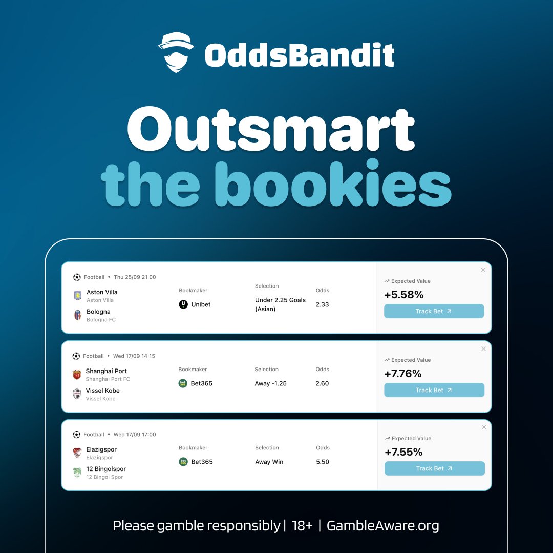 Outsmart the bookies with Oddsbandit 🎯 
Spot hidden value before it’s gone. Try it now — it’s free (for a while)!