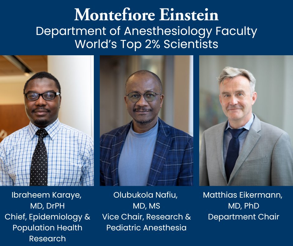 Montefiore Einstein Anesthesiology (@monteeinstanest) on Twitter photo We're proud to announce 3 faculty members in our department were named in the World's Top 2% Scientists list from Elsevier & <a href="/Stanford/">Stanford University</a>, which recognizes the most-cited researchers across the globe. Congratulations, Drs. Karaye, Nafiu & Eikermann!
<a href="/MontefioreNYC/">Montefiore Health System</a> <a href="/EinsteinMed/">Albert Einstein College of Medicine - Official</a> We're proud to announce 3 faculty members in our department were named in the World's Top 2% Scientists list from Elsevier & <a href="/Stanford/">Stanford University</a>, which recognizes the most-cited researchers across the globe. Congratulations, Drs. Karaye, Nafiu & Eikermann!
<a href="/MontefioreNYC/">Montefiore Health System</a> <a href="/EinsteinMed/">Albert Einstein College of Medicine - Official</a>