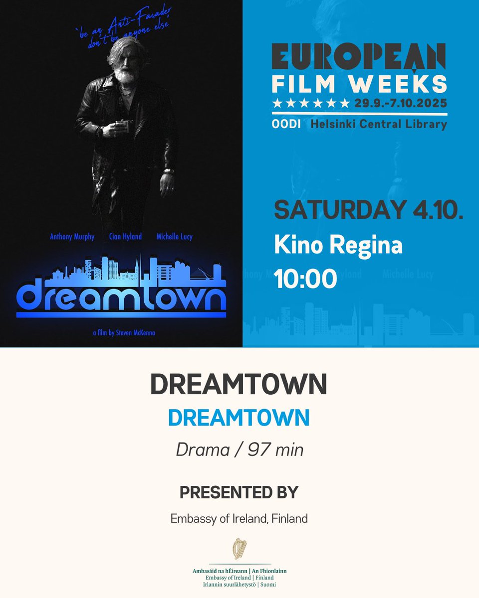 European Film Weeks organized by <a href="/EUkomissio/">EU-komissio Suomessa</a> &amp;  <a href="/Europarl_FI/">Euroopan parlamentti Suomessa 🇪🇺🇫🇮</a> is happening this week 🇪🇺📽️

🇮🇪📽️ Irish film Dreamtown will be screened on Saturday 4th October at 10am in Kino Regina, in Oodi Library. Free entry. 

All the 22 films and screening times: bit.ly/EFW2025-brochu…