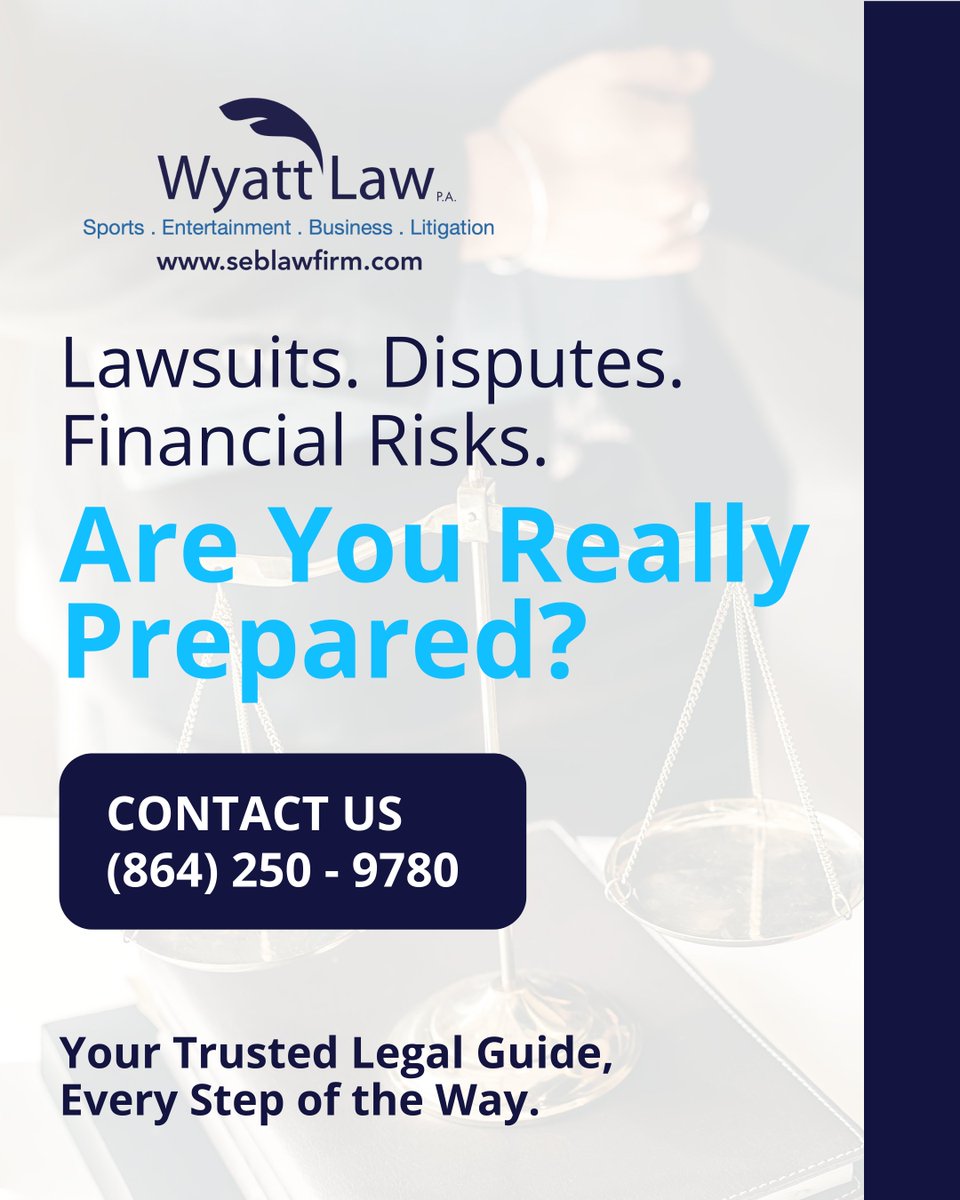 WyattLawPA's tweet image. Lawsuits. Disputes. Financial Risk. Are you Really Prepared? 

The toughest challenges don’t wait for the right moment—they strike when you least expect them. We help you prepare and respond with strength so risks don’t derail your progress.

#Protected #Prepared #WyattLaw