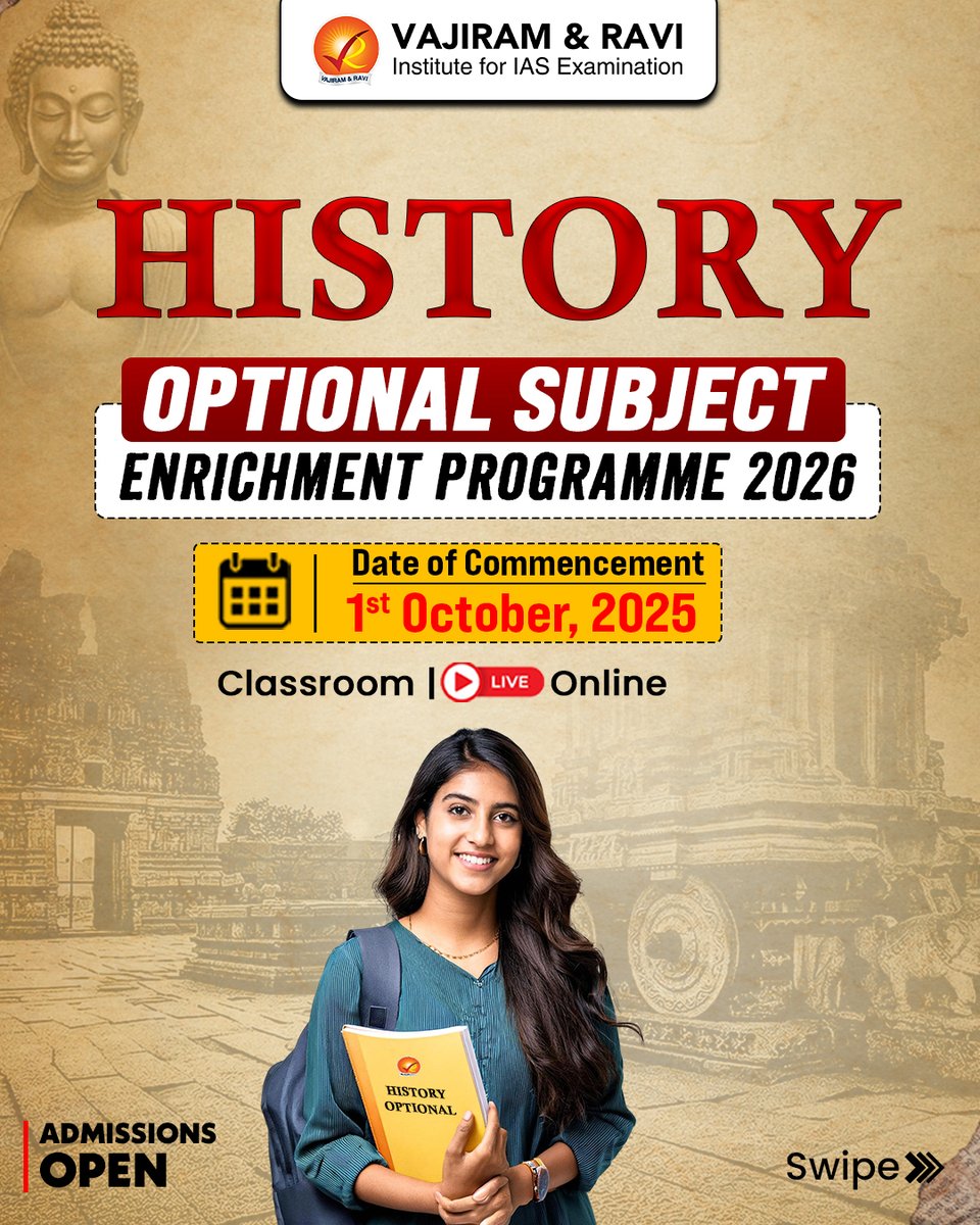 VajiramRavi's tweet photo. 📜 Master History Optional for UPSC 2026!
To know more: https://t.co/hoajMTKh8K
📅 Starts: 1st Oct 2025 | 🖥️ Available in Classroom & Live-Online
#HistoryOptional #UPSCMains2026 #UPSCOptionalSubjects #UPSCPreparation #AnswerWritingPractice #UPSCStrategy https://t.co/YriZ3acCMH