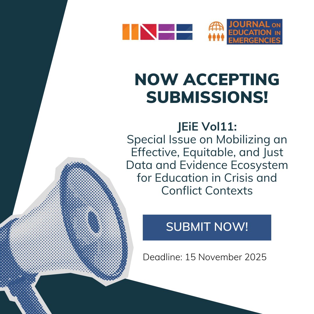 🗣️CALL FOR PAPERS

#JEiE is seeking research articles and field note submissions for our Special Issue on Mobilizing an Effective, Equitable, and Just Data and Evidence Ecosystem. #EducationInEmergencies

Deadline: 15 November 2025
inee.org/journal/call-f…