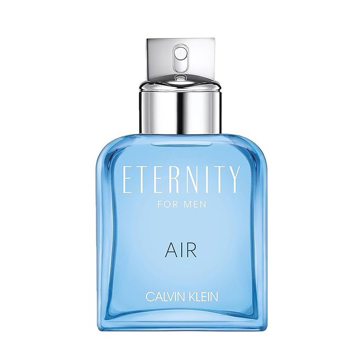 A blue rectangular perfume bottle with a silver cap. The label reads "ETERNITY FOR MEN AIR" in white text, with "CALVIN KLEIN" in smaller text below.