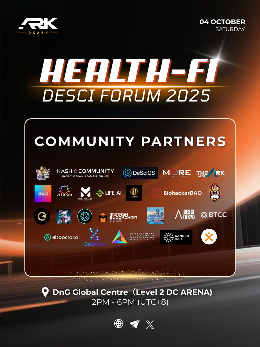 Dynachain's tweet photo. 🌍 Stronger Together!
A huge shoutout to all our Community Partners for standing with us in building the future of Health-Fi 🧬💥
Your support powers the mission to unite Health, Science, and Web3 across the globe 🌐✨

🎤 Community Partners:
#DnGCF ,#HashCommunity #TheARKWeb3 ,#义链云，#METAWealth ， #TTCCompass ,
@DeSci_OS
@morecomofficial
@abcd_web3_
@DeSciAsia
@LifeNetwork_AI
@bio_hacker_dao
@BTCCexchange
@Cerram_Meta
@DeSciTokyo
@CancerDAOxyz
@otgdeficommunit
@mumbcs
@DeSAI_xyz 
@IBO_Malaysia
@DeSciKolkata
@BitDoctorAI
@CancerDAOxyz
@HyperDeSci
@LunCoSim
... (and many more amazing partners!)

Together, we lead the change 💪
🎟 https://t.co/geuQRSyQJp

#HealthFiForum #Community