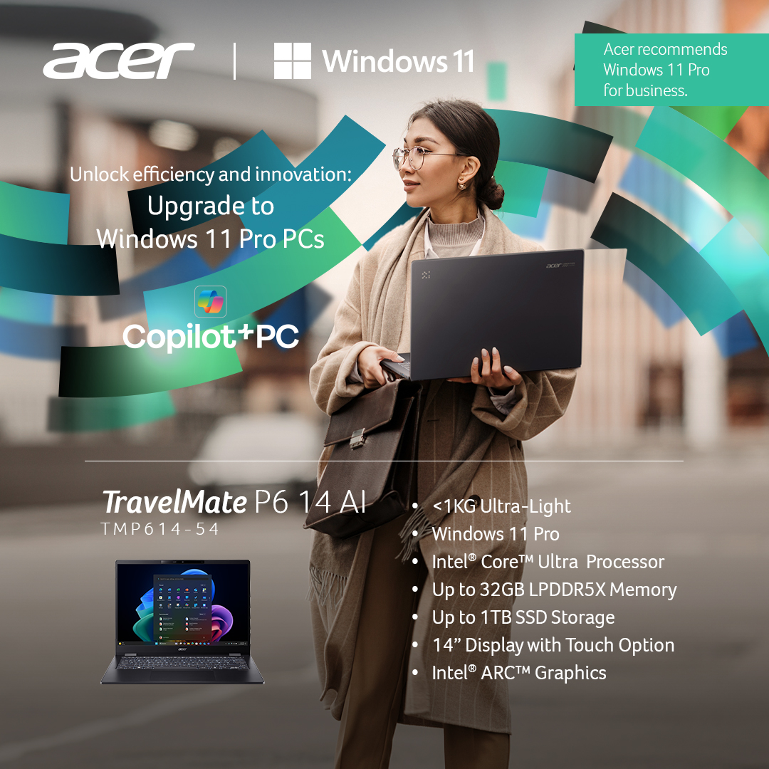 AcerPhils's tweet image. Leadership isn’t tethered to the desk.

The #AcerTravelMate P6 14 AI empowers decision-makers with a below-1kg design that travels as fast as their schedule. Built on #Windows11Pro with #CopilotPCs acceleration and robust security, it transforms how executives lead in motion.…