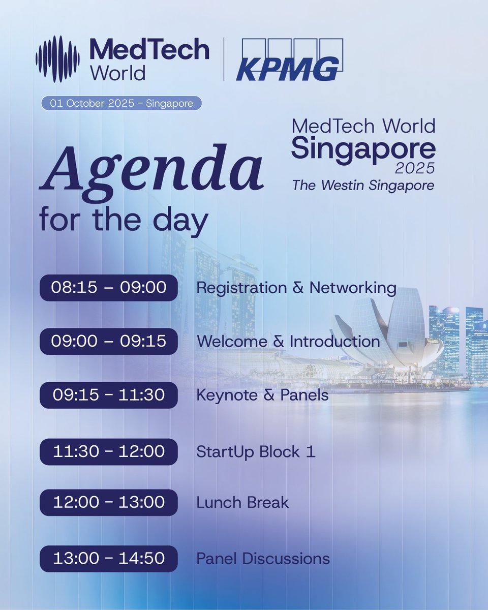Med_Tech_World's tweet image. 👋 Welcome to Day 1 of #MedTechWorldSingapore2025 with KPMG!

📝 Agenda highlights
🚕 Transport info
📶 WiFi access

📸 Check the live photo gallery for updates 👉 flickr.com/photos/2000628…

#SingaporeMedTech #HealthTechSummit
