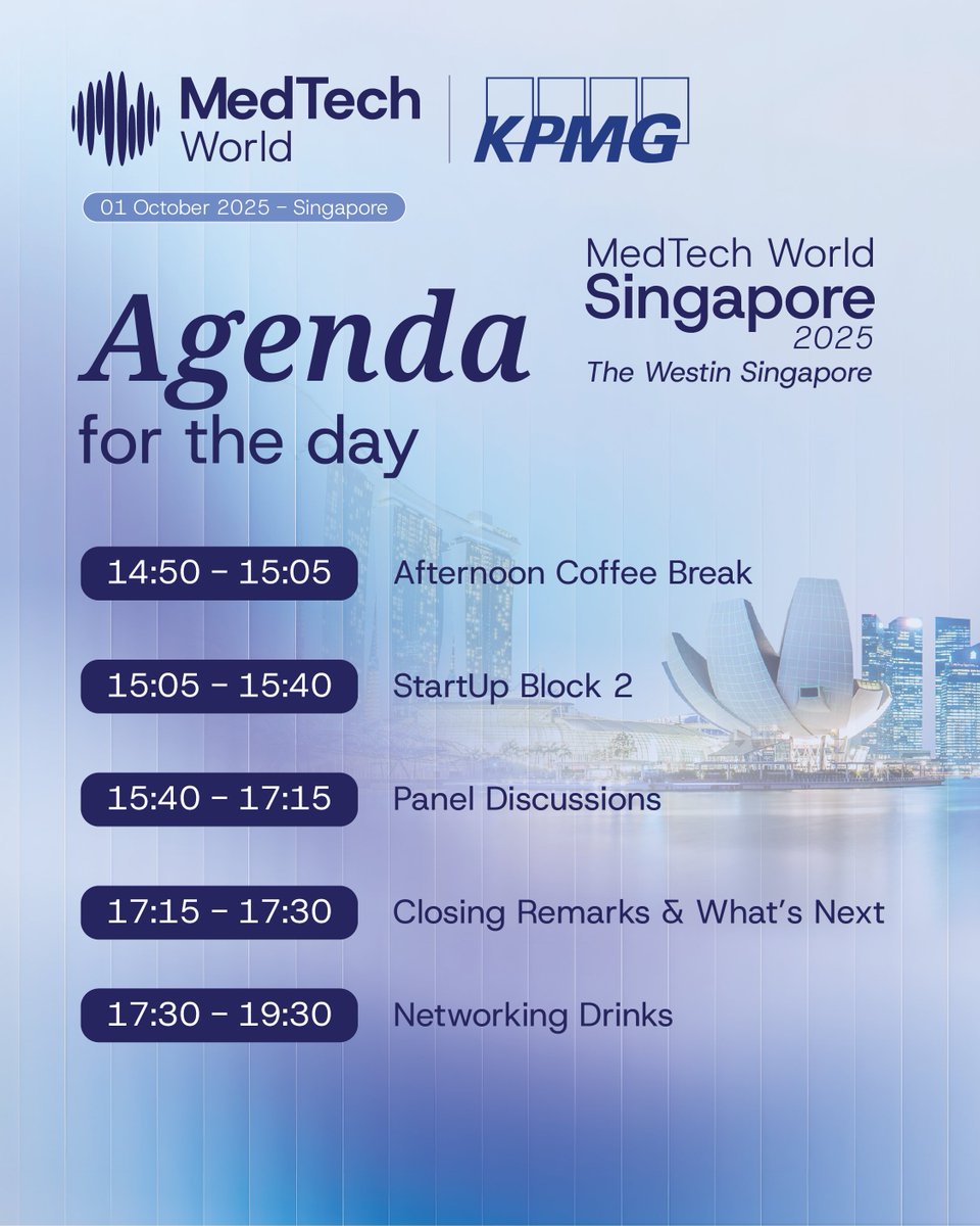 Med_Tech_World's tweet image. 👋 Welcome to Day 1 of #MedTechWorldSingapore2025 with KPMG!

📝 Agenda highlights
🚕 Transport info
📶 WiFi access

📸 Check the live photo gallery for updates 👉 flickr.com/photos/2000628…

#SingaporeMedTech #HealthTechSummit