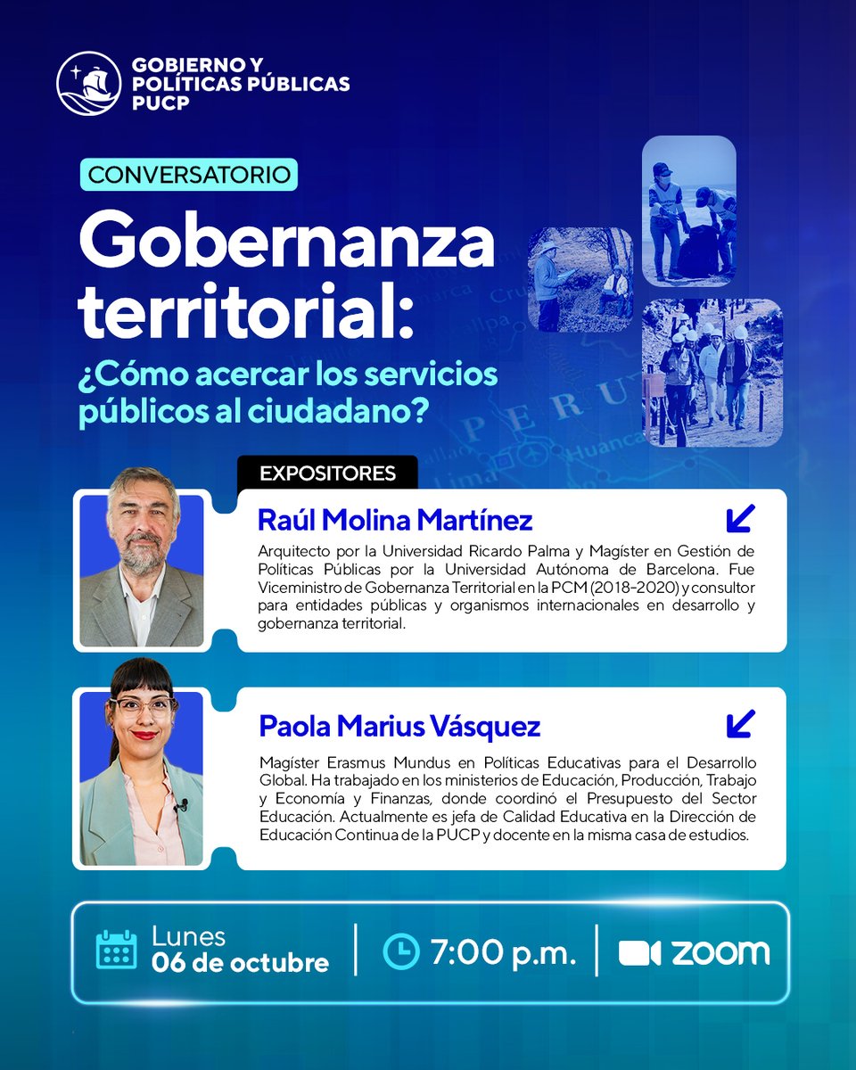 📣 Conversatorio PUCP | Gobernanza territorial
¿Cómo acercar los servicios públicos al ciudadano?

🗓 06/10 | ⏰ 7:00 p.m. | 📍 Zoom
Con Raúl Molina Martínez y Paola Marius Vásquez.

🔗 Inscríbete: bit.ly/4hpHrQU

#PUCP #Gobernanza #GestiónPública