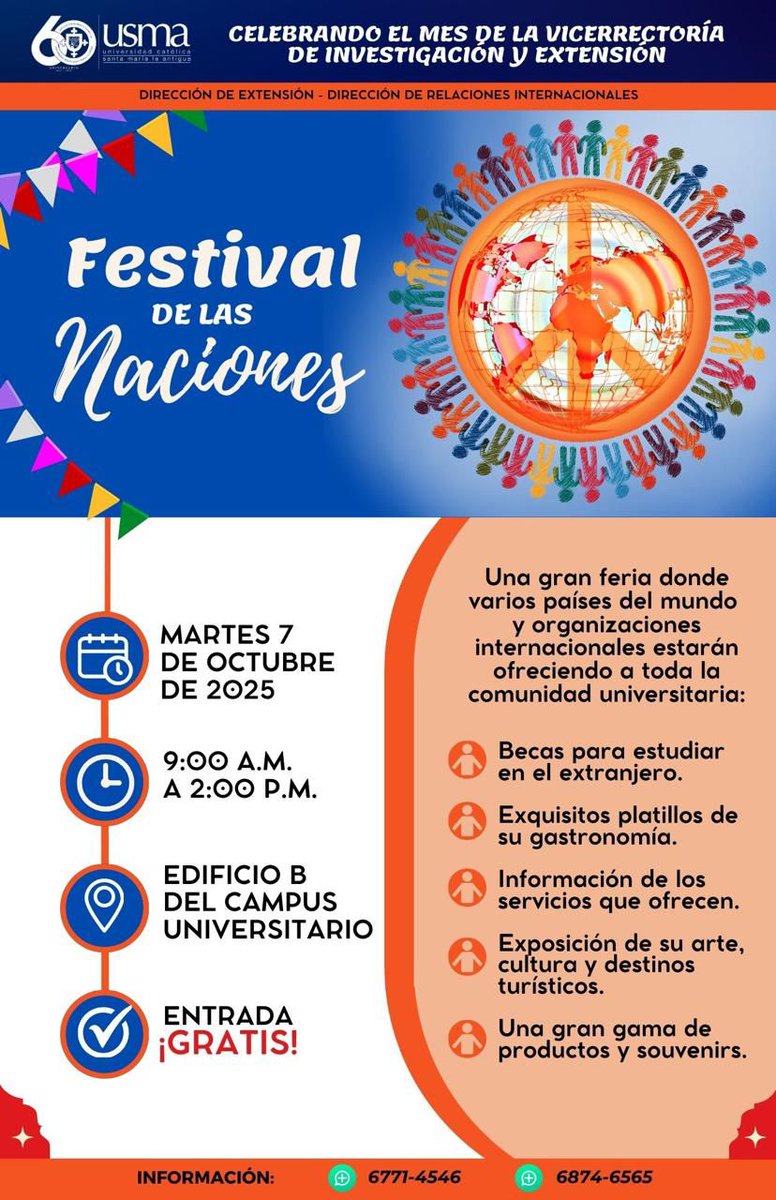 USMApanama's tweet image. Te invitamos a participar en el Festival de las Naciones 2025 🧡🌎
Martes, 7 de octubre de 2025
9:00 a.m.
Edificio B (campus Panamá)
¡Te esperamos!
#USMAPanamá #YoSoyUSMA