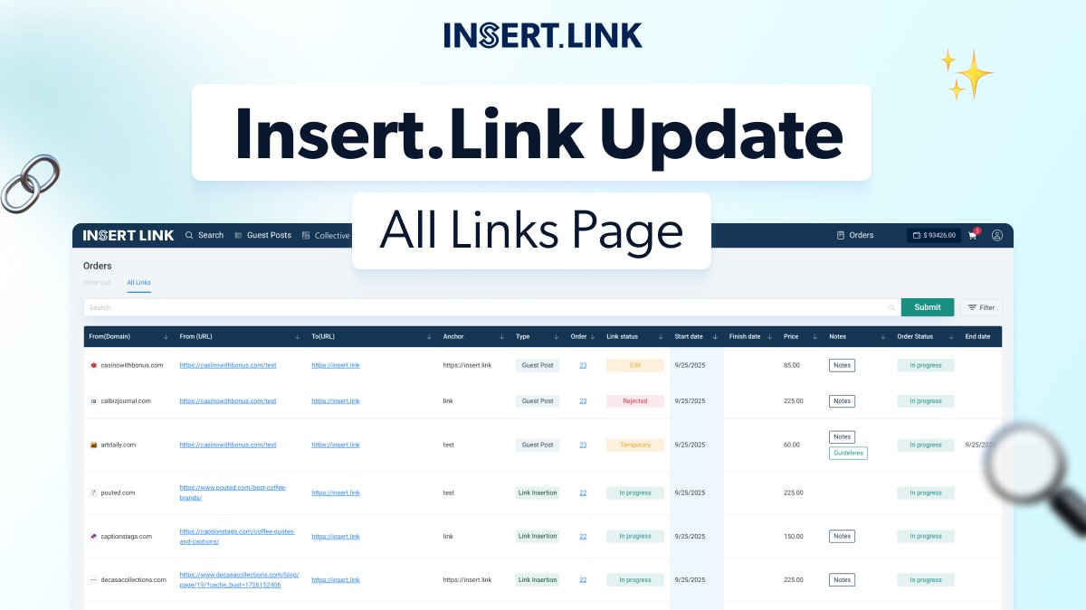 New on INSERT.LINK!

Today we’re rolling out a feature called All Links 🎉

From now on, every customer gets a dedicated page where all their ordered links are collected in one place. Simple, transparent, and easy to access anytime ☺️

More updates coming soon!