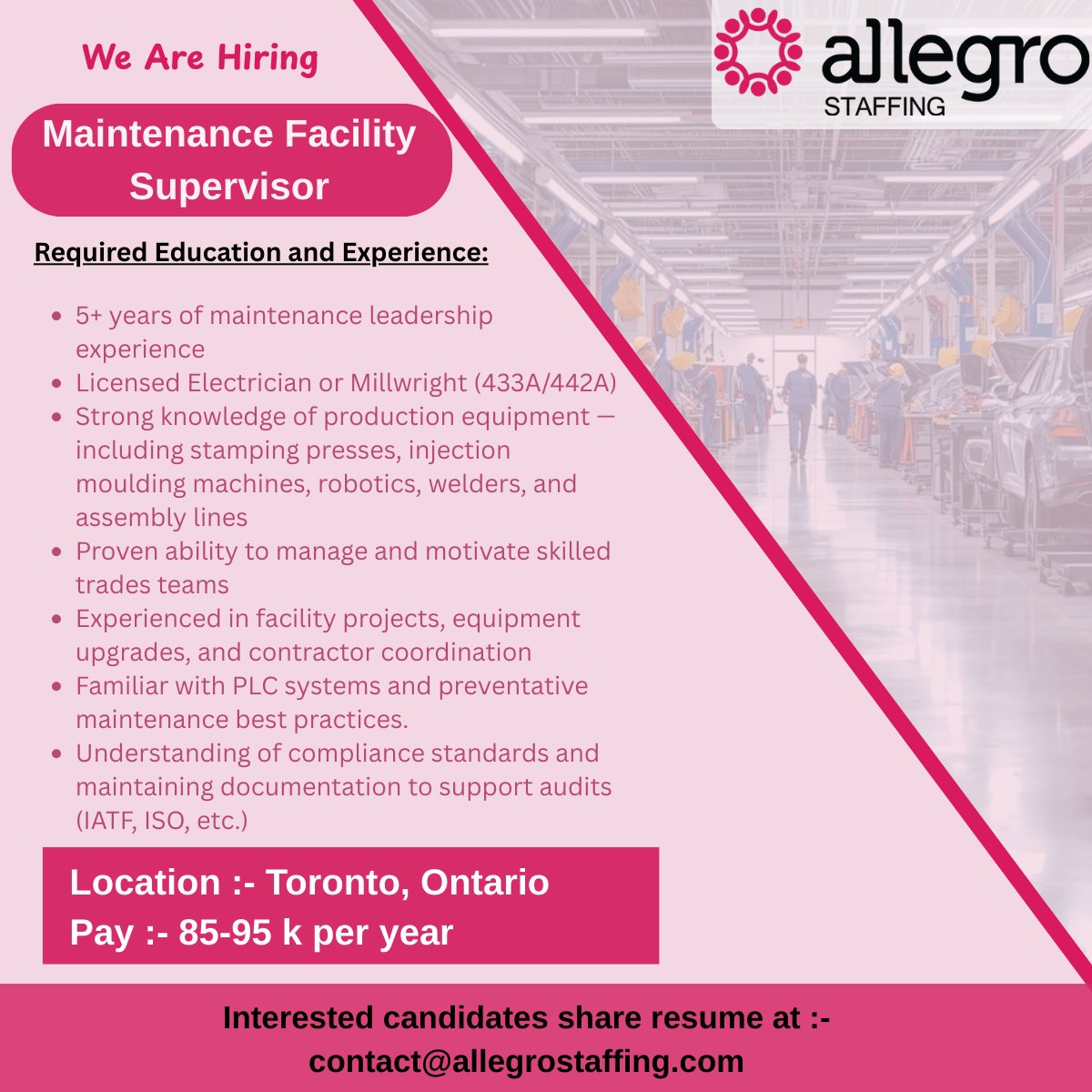 AllegroStaffing's tweet photo. 🏭 Now Hiring: Maintenance Facility Supervisor
📍 Location: Toronto, Ontario
💲 Pay: $85–95k per year

📩 Interested? Send your resume to contact@allegrostaffing.com

#MaintenanceJobs #SupervisorRole #SkilledTrades #TorontoJobs #HiringNow https://t.co/pJah5SFUtb