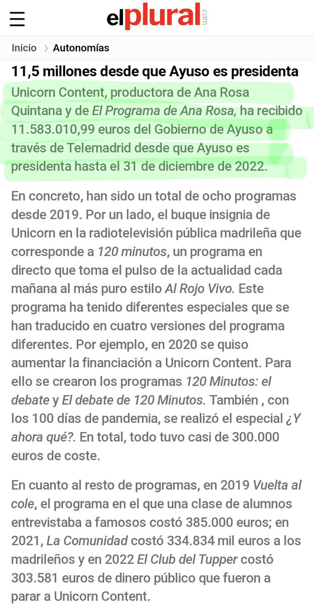 <a href="/Idiazaquso/">Isabel Díaz Ayuso, Presidenta cuqui fake ⚪</a> La productora de Ana Rosa recibió a través de <a href="/telemadrid/">Telemadrid</a> 11,5 millones y medio 💸💸💸 en los primeros 3 años y medio (hasta 2023). Y sigue haciendo caja.

Como para contradecir, o tan solo repreguntar, a la presidenta 🤡.