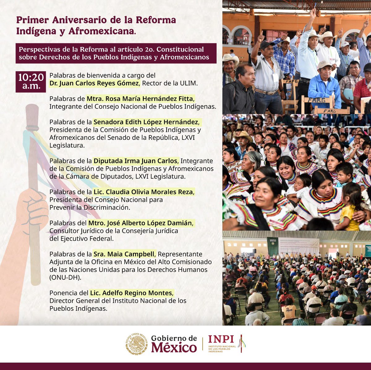📢 #NoTePierdas la transmisión en vivo del evento conmemorativo por el primer Aniversario de la Reforma Indígena y Afromexicana.

🗓️ Hoy a partir de las 10:20 hrs. 
🔴 Transmisión en vivo por la página de Facebook del INPI.
🔊 Sistema de Radiodifusoras Culturales Indígenas: