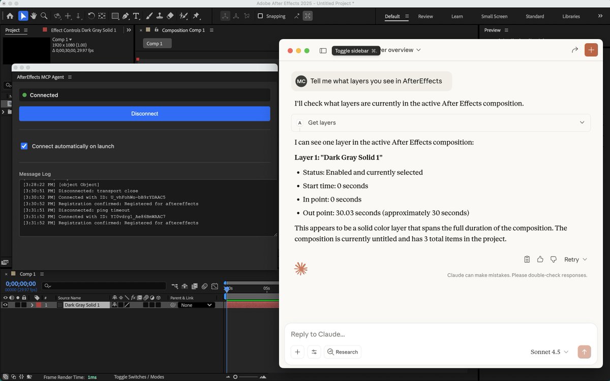 Just got AfterEffects working with my adb-mcp project (a proof of concept project to enable AI control of Adobe tools (Adobe  Photoshop, Adobe Premiere, Adobe InDesign) by providing an interface to LLMs via the  MCP protocol).

I think I can get Illustrator working now also. Will