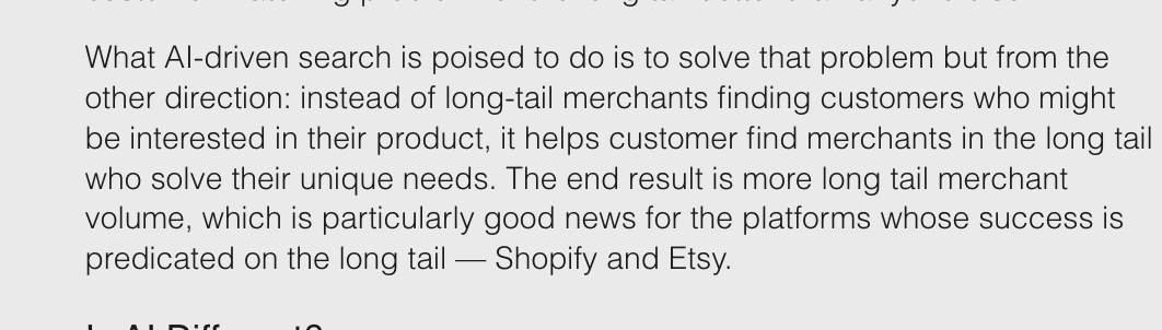 .<a href="/benthompson/">Ben Thompson</a> nails it.  While commerce felt inevitable for <a href="/ChatGPTapp/">ChatGPT</a>, it will be a massive tailwind for platforms for long tail merchants ... particularly <a href="/Shopify/">Shopify</a>