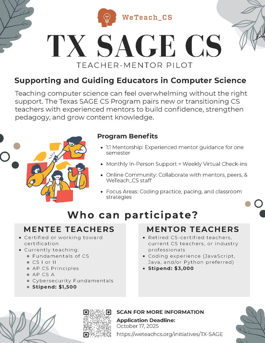 weteachcs's tweet image. The Texas SAGE CS Teacher-Mentor Pilot aims to support educators new to teaching CS or wanting support in teaching a new CS subject. Learn more at our informational webinar, set for September 30 at 6 p.m.

Learn more: buff.ly/UxVpISG 
Webinar: buff.ly/IatmLlX