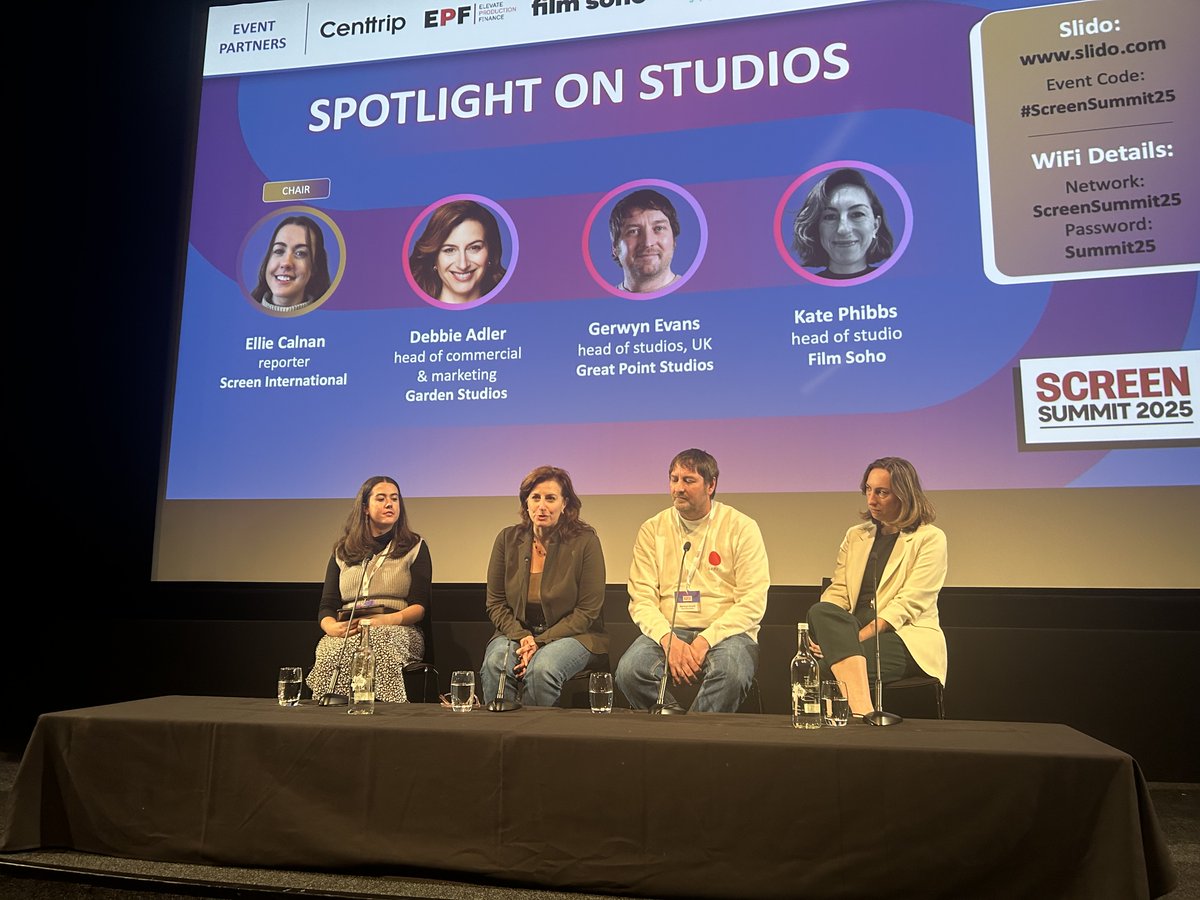 Screendaily's tweet photo. The next #ScreenSummit25 panel is a spotlight on UK Studios, with Debbie Adler from Garden Studios, Gerwyn Evans from Great Point Studios and Film Soho's Kate Phibbs https://t.co/14XK8RPRO8