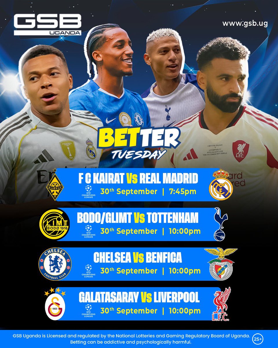 European Nights Will Never Bore you if you trust your instincts!

Click lp.gsb.ug/Douglas .to Bet on over 170 markets on each game with Better Odds <a href="/GSB_Uganda/">GSB Uganda</a>

#GSBUganda #GSBEliBetter