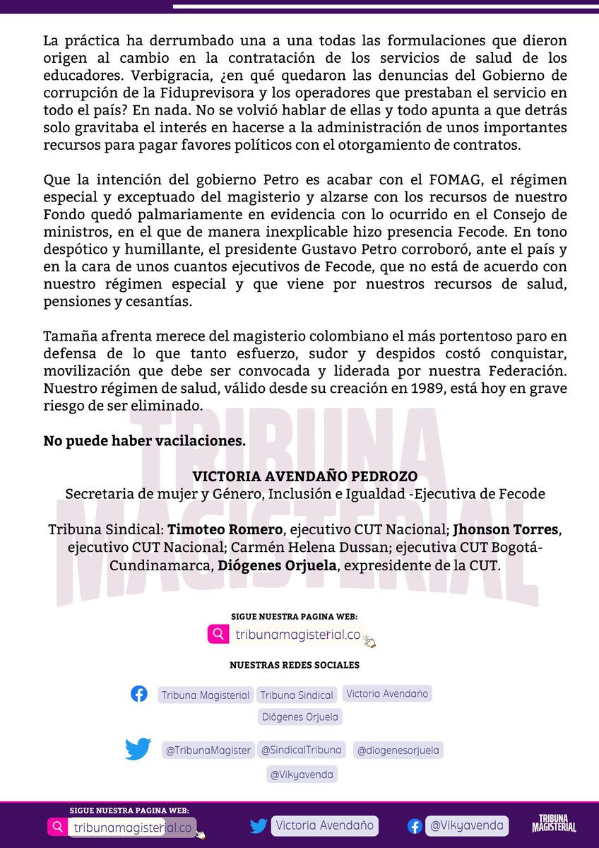 [NUEVO COMUNICADO]
Ejecutiva de <a href="/fecode/">fecode</a> , <a href="/vikyavenda/">Victoria Avendaño</a>

PEOR EL REMEDIO QUE LA ENFERMEDAD😡

Nuevo modelo de contratación: Antesala del raponazo al <a href="/fomag/">FOMAG</a> . 🏥💉

📌 _Lea la columna completa en el siguiente enlace:_

tribunamagisterial.co/peor-el-remedi…
