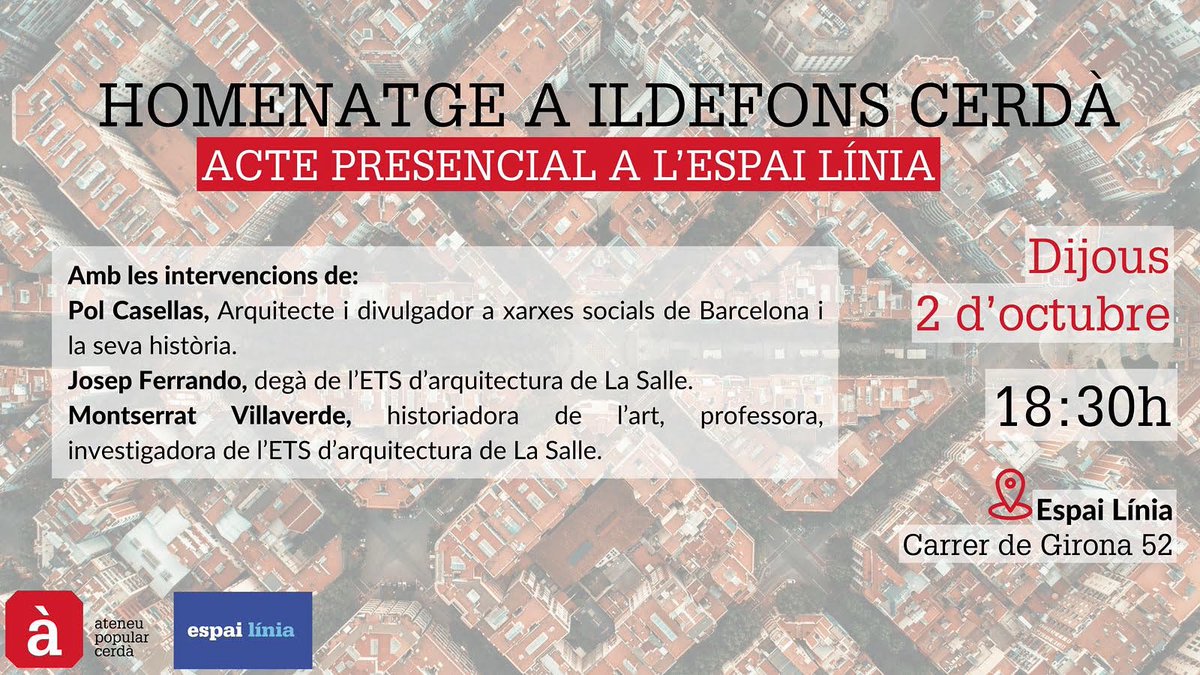 📅 Dijous 2 d’octubre, 18:30h
Espai Línia, Barcelona

Homenatge a Ildefons Cerdà amb ponències d’arquitectes i historiadors. 🏙️
Un diàleg entre ciutat, art i memòria.

#Urbanisme #Barcelona #Cerdà #Architecture