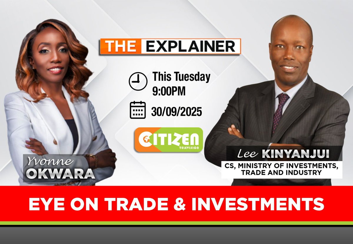 Join the conversation tonight as we dive into Kenya’s trade and investment landscape
 <a href="/citizentvkenya/">Citizen TV Kenya</a> <a href="/YvonneOkwara/">Yvonne Okwara</a> <a href="/MITIKenya/">Ministry of Investments, Trade & Industry, Kenya</a>