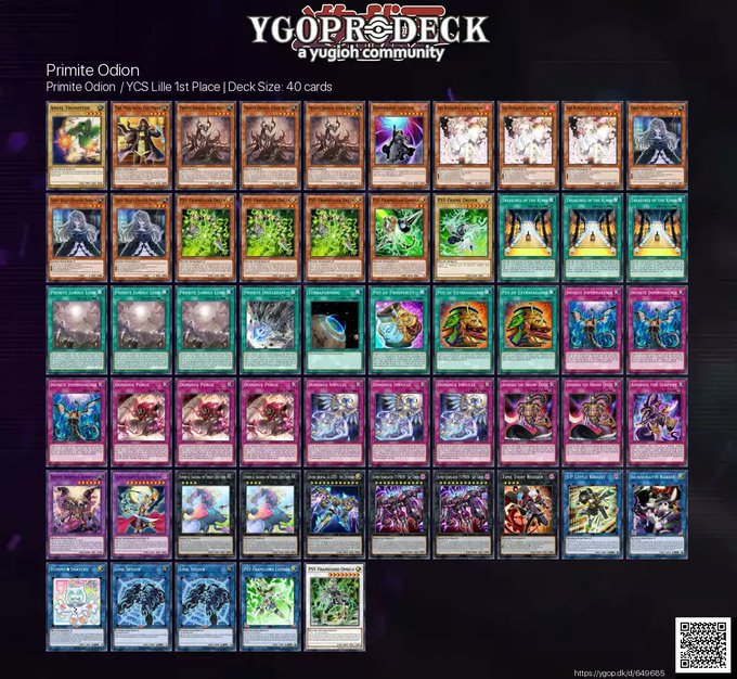 A grid of 40 Yu-Gi-Oh trading cards arranged in five rows and eight columns. Each card features distinct artwork, including characters, monsters, and magical elements. Text overlays include "Primite Odion YCS Lille 1st Place Size 40 cards" and a QR code with a URL link.